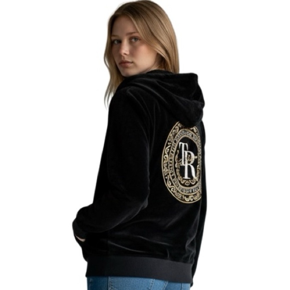True Religion Black Velvet Hooded Jacket (only) with Gold Accents Junior Size XL